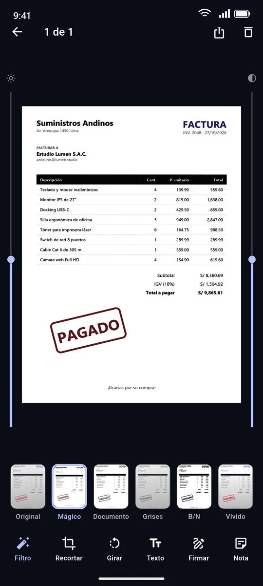 Editor con la factura enderezada y la tira de filtros
