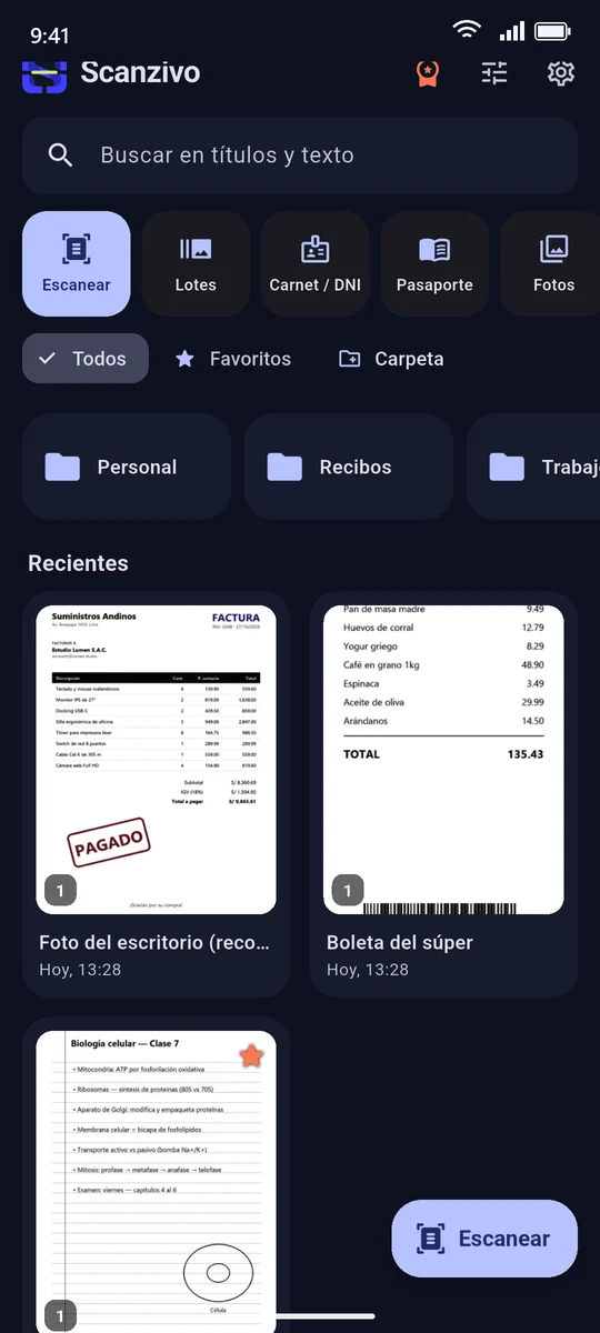 Inicio de Scanzivo en tema oscuro