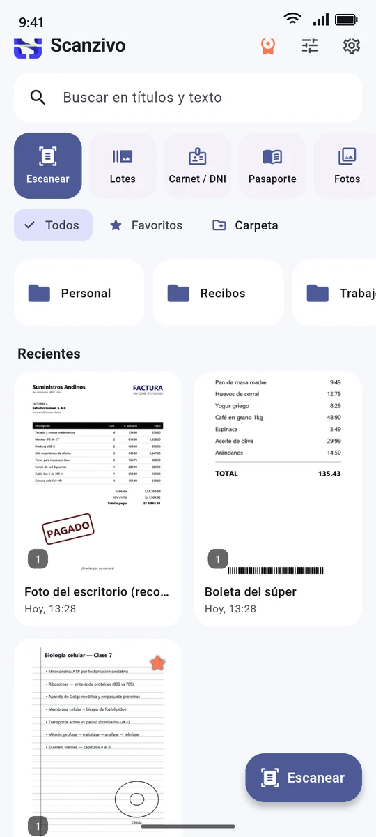 Inicio con accesos rápidos, carpetas y documentos recientes