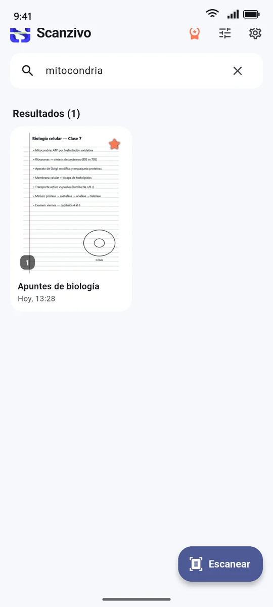 Búsqueda de la palabra mitocondria que encuentra unos apuntes