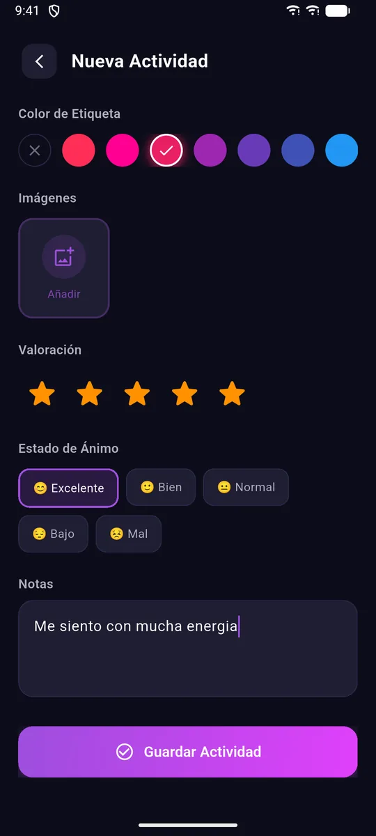 Formulario de nueva actividad con valoración y estado de ánimo
