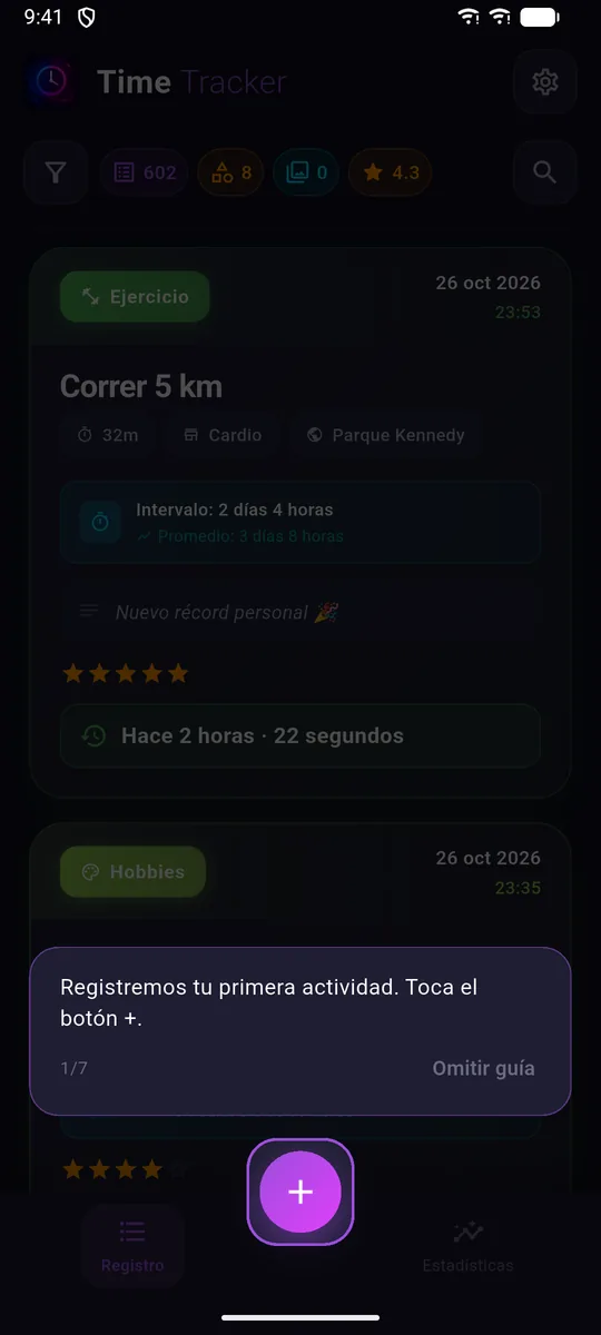 Guía interactiva señalando el botón para añadir una actividad