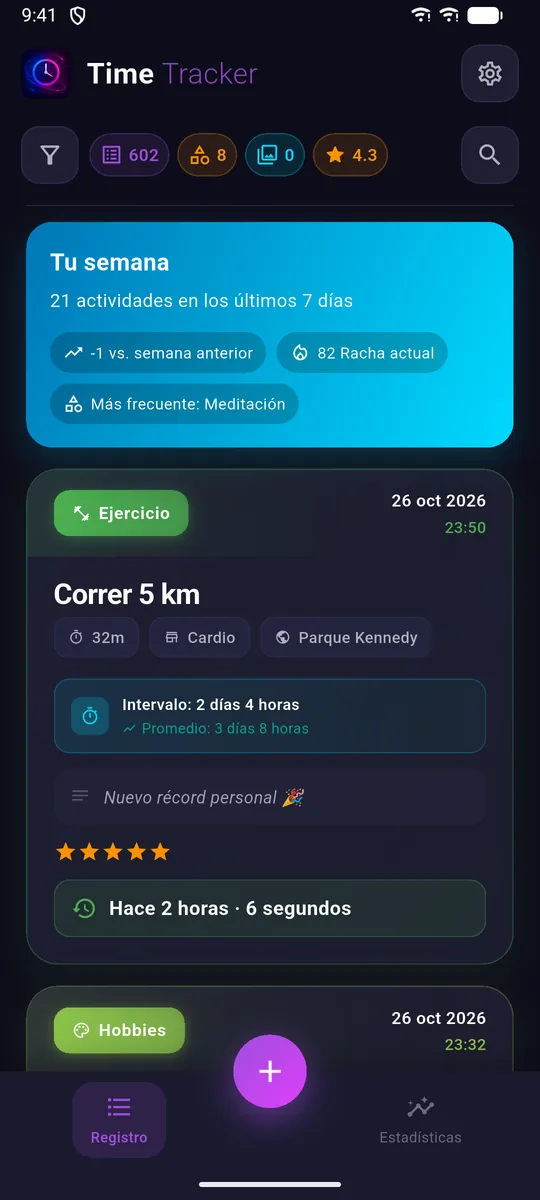 Historial con tarjetas de actividad y el tiempo transcurrido desde cada una